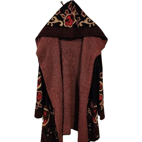 Vertigo Paris Size XL Black Floral Paisley Print Hooded Long Sweater Cardigan - Picture 3 of 5